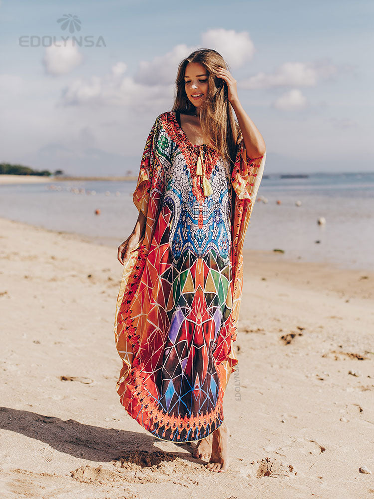 Boho Quick-drying Long Kaftan Bikini Cover-ups Retro Plus Size Summer Dress Women Clothing Beach Wear Swim Suit Cover Up Q831