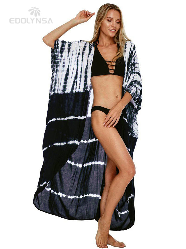 2022 Bikini Cover-ups Black Retro Striped Self Belted Plus Size WomenSummer Kimono Dress Beach Wear Swim Suit Cover Up Q1225