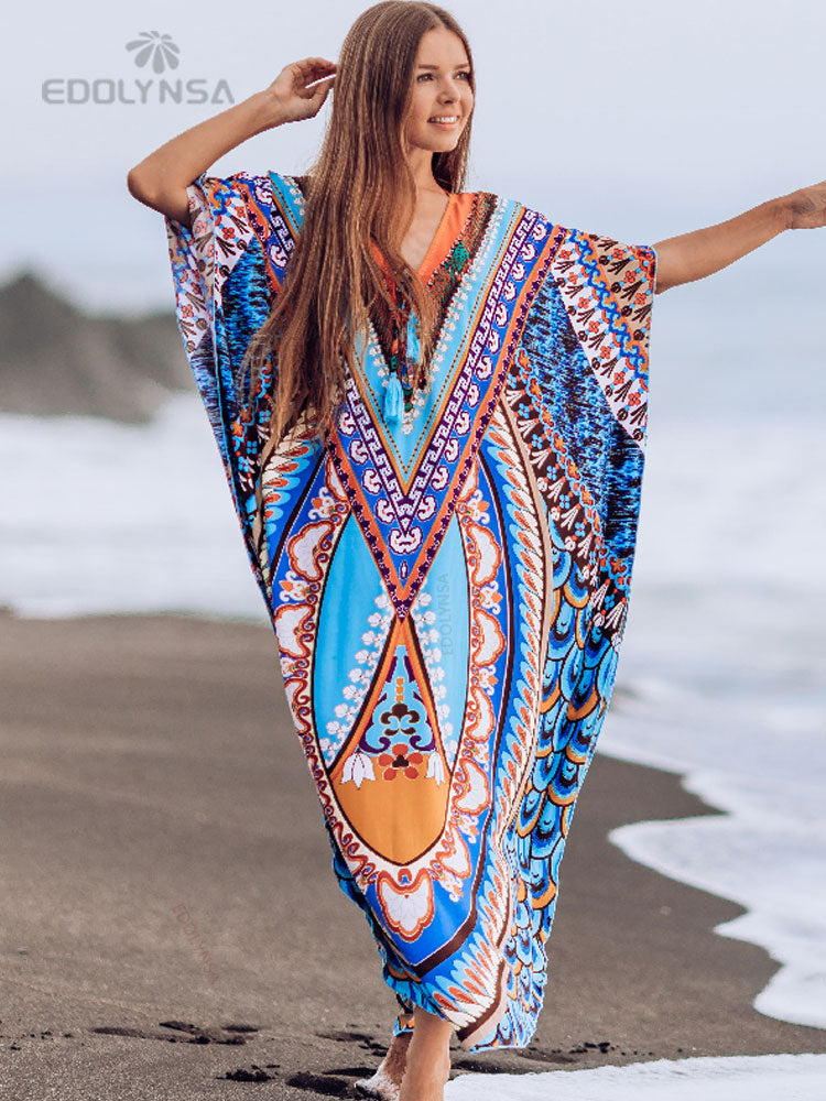 Boho Quick-drying Long Kaftan Bikini Cover-ups Retro Plus Size Summer Dress Women Clothing Beach Wear Swim Suit Cover Up Q831