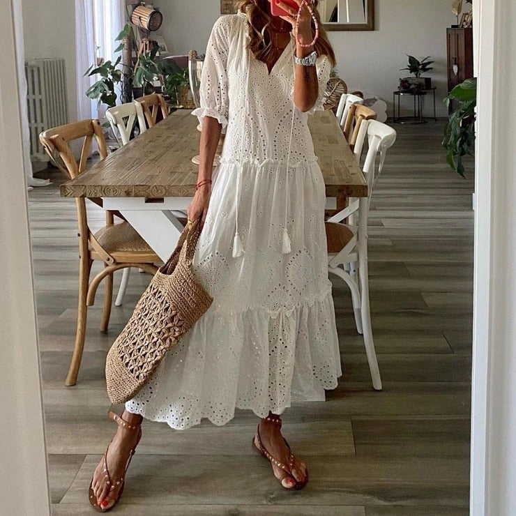 Ladies summer loose dress retro dress white dress ladies dress plus size ladies elegant dress