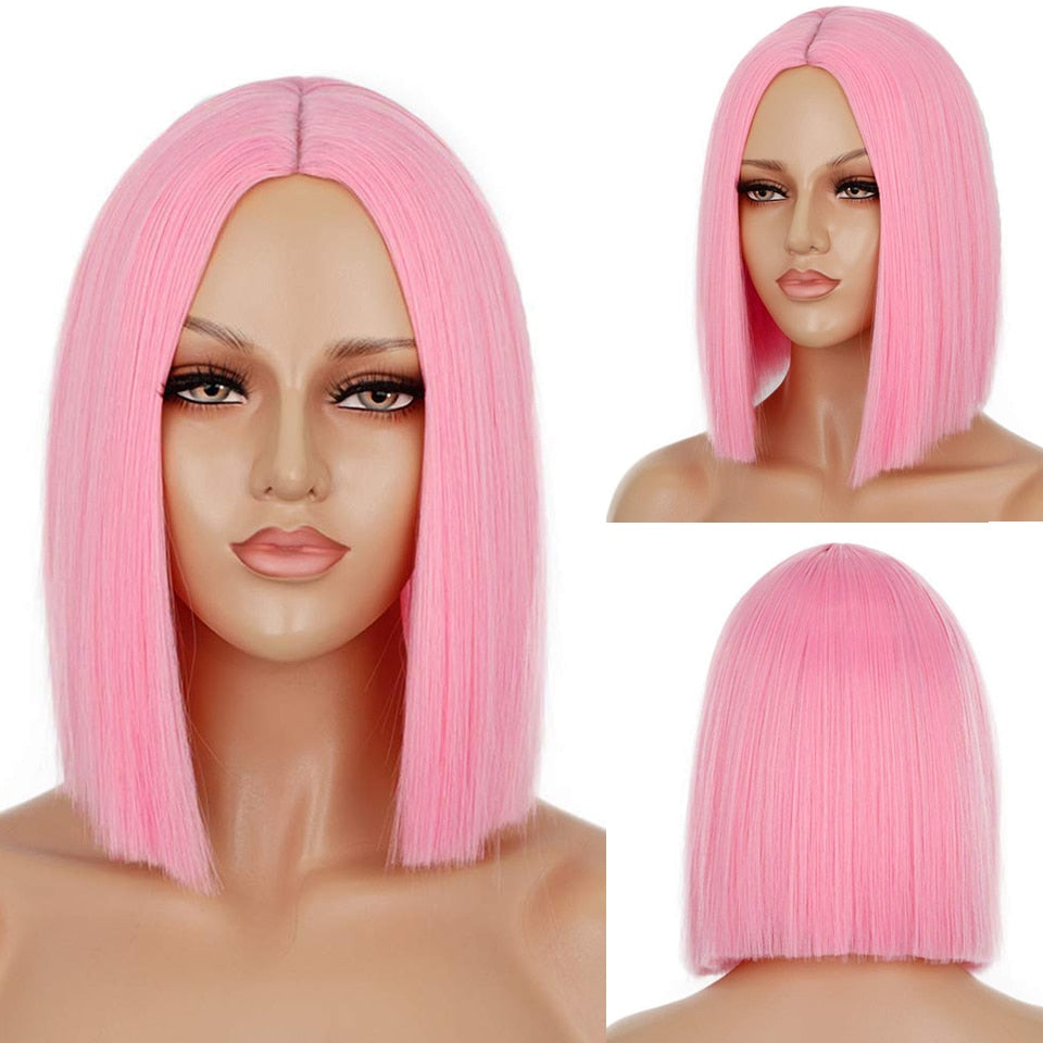 Lativ Synthetic Black Wig Short Straight Bob Wig Blonde Hair Middle Part Shoulder Length Bob Cut Wigs for Women Pink Blue Color