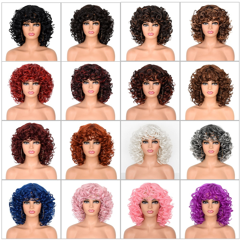 Short Hair Afro Curly Wig With Bangs Loose Synthetic Cosplay Fluffy Shoulder Length Natural Wigs For Black Women Dark Brown 14&quot;