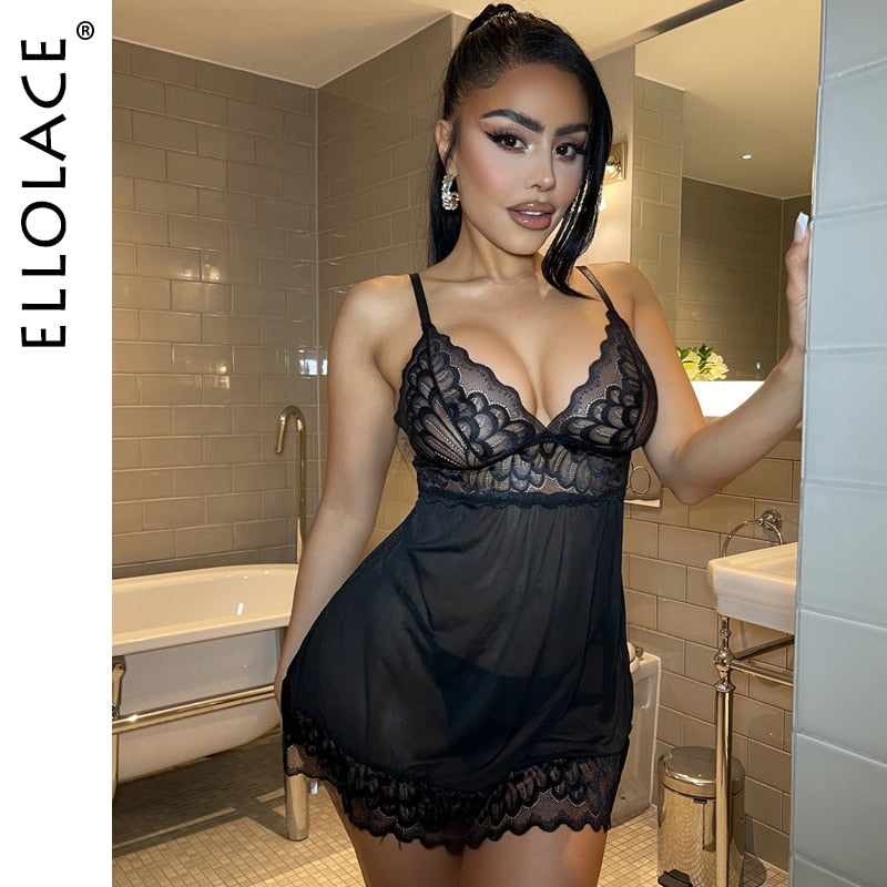 Ellolace Sexy Sleepwear Deep-V Night Dress Women Sleeping Nightgown Red Lace Nightie Lingerie Sleeveless Mini Dress Homewear