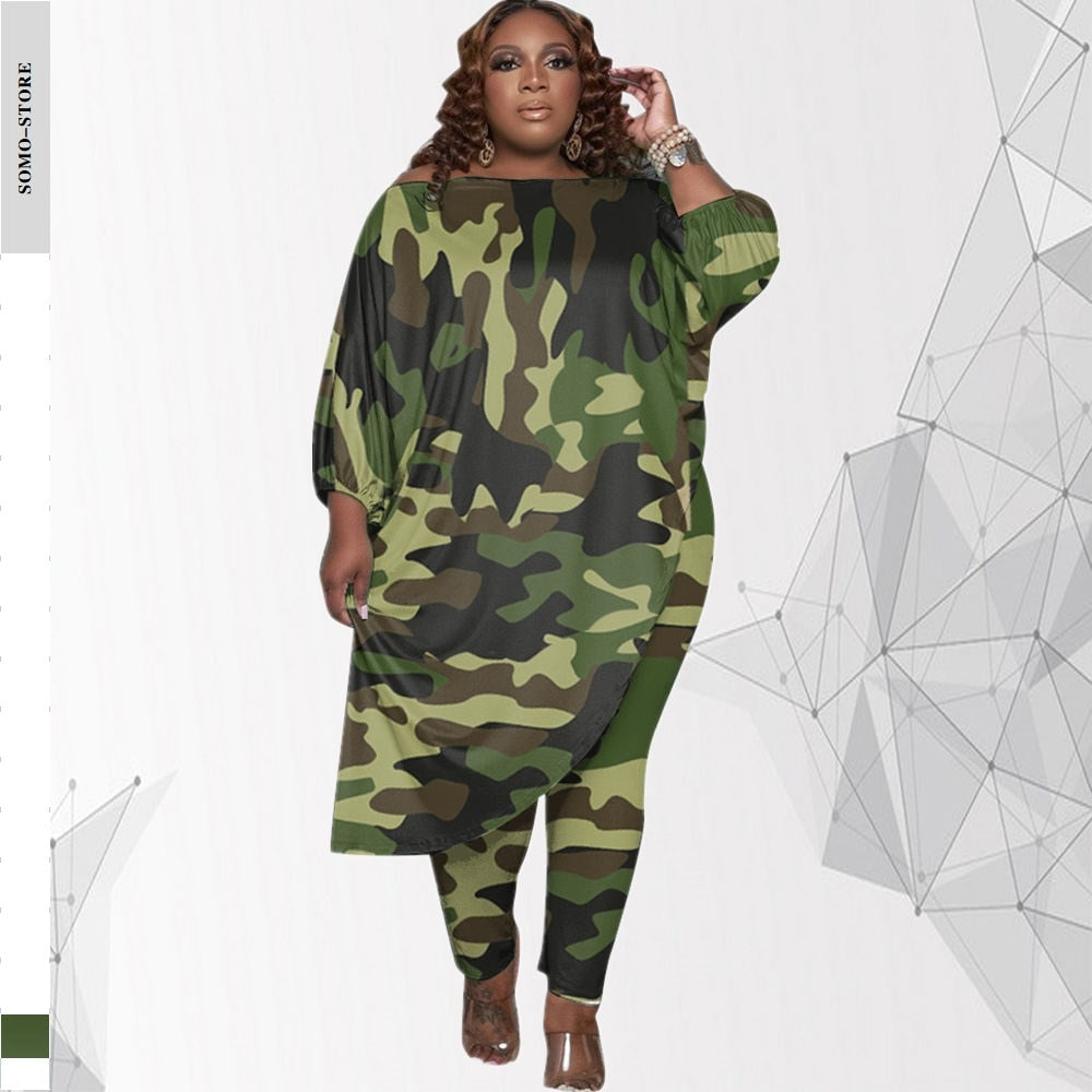 Autumn Style Trendy Plus Size Women Clothing Tracksuit Womens Long Loose Camouflage Oblique Shoulder Wholesale Dropshipping