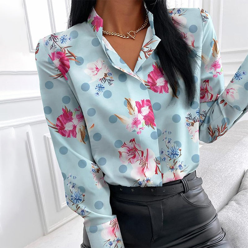 Female Casual Plus Size Blouses Floral Print Blouse Women Clothes Stand Collar Long Sleeve Office Lady Shirts Tops