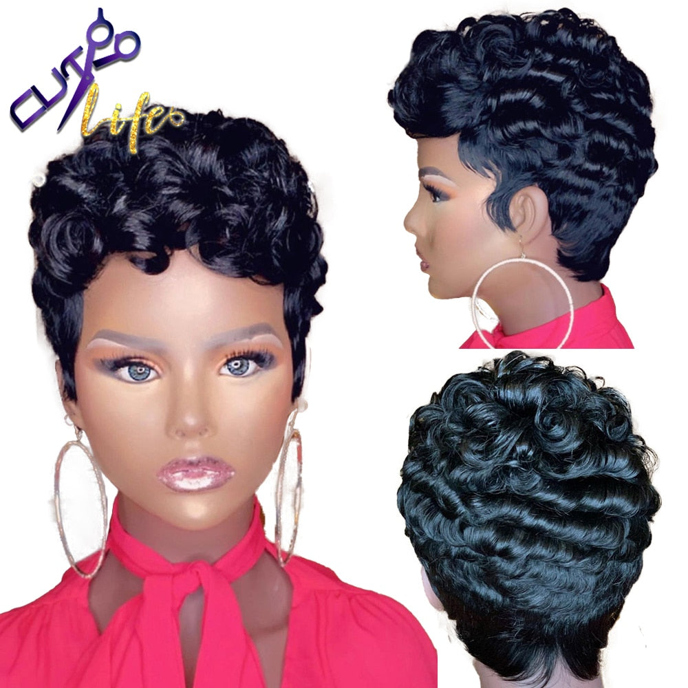 The Cut Life Short Curly Bob Pixie Cut Full Machine Made No Lace Human Hair Wigs With Bang For Black Women Remy Brazilian Hair